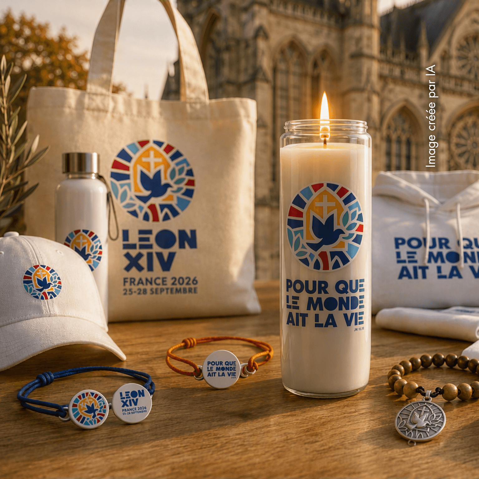 Goodies officiels pour la visite du Pape, maquette générée par IA